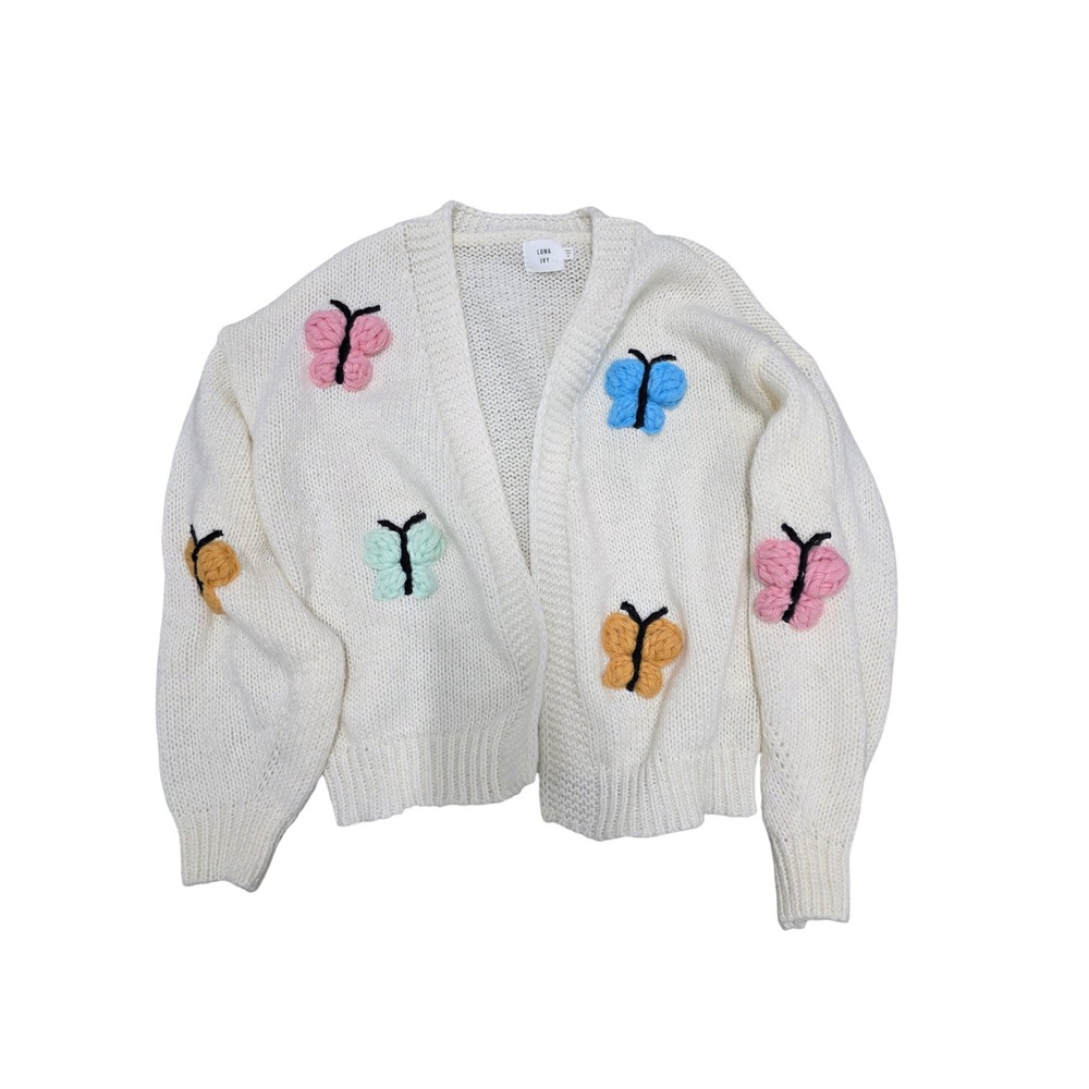 Luna Ivy Butterfly Cardigan White Chunky Knit 3D Puff Applique Cottagecore Small